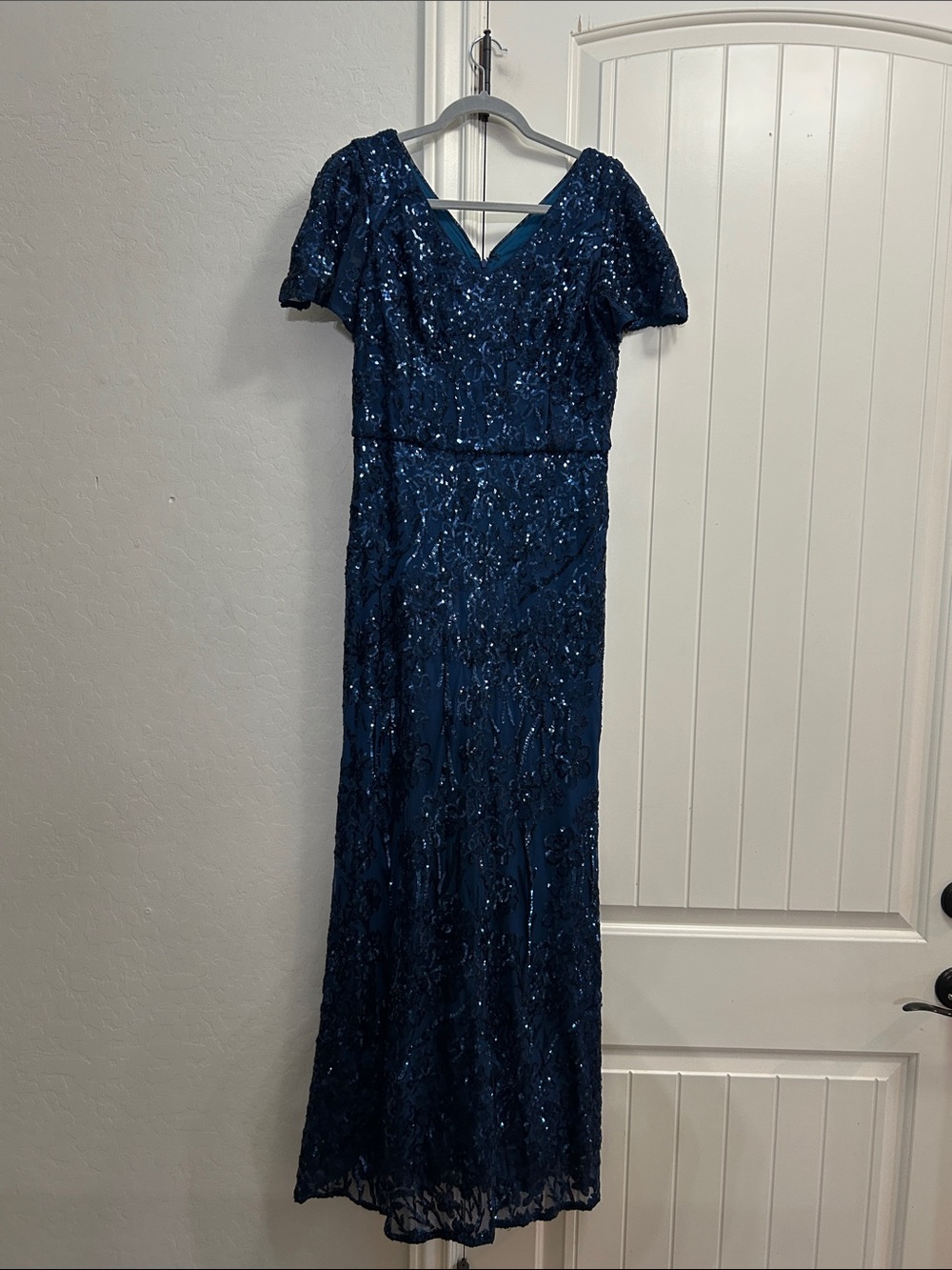 Alex Evenings Navy Blue Sequin Short-Sleeve Evening Gown